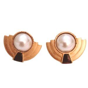 Monet Art Deco Earrings Vintage Gold Tone Faux Pearl Pierced Post